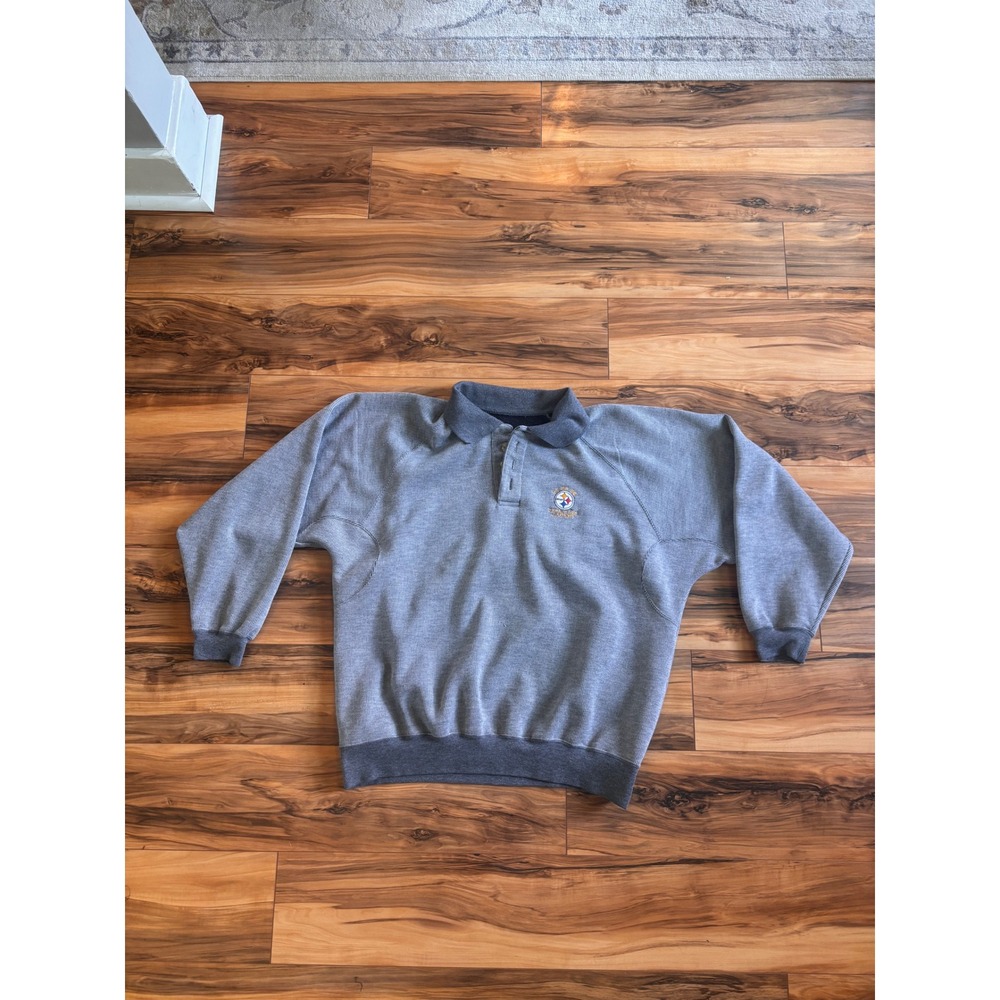 Vintage Pittsburgh Steelers Mens Gray Polo Sweatshirt XL NFL Football